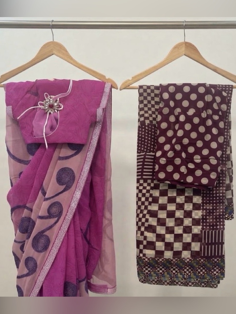 Saree Bundle of 2 georgette. Abstract Print Pink white sequins and plum. XS